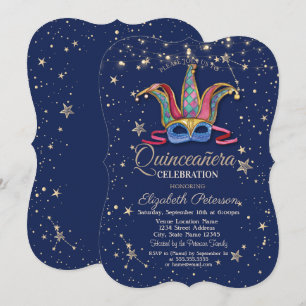 Colorful Masque Navy Blue Stars Quinceañera Einladung