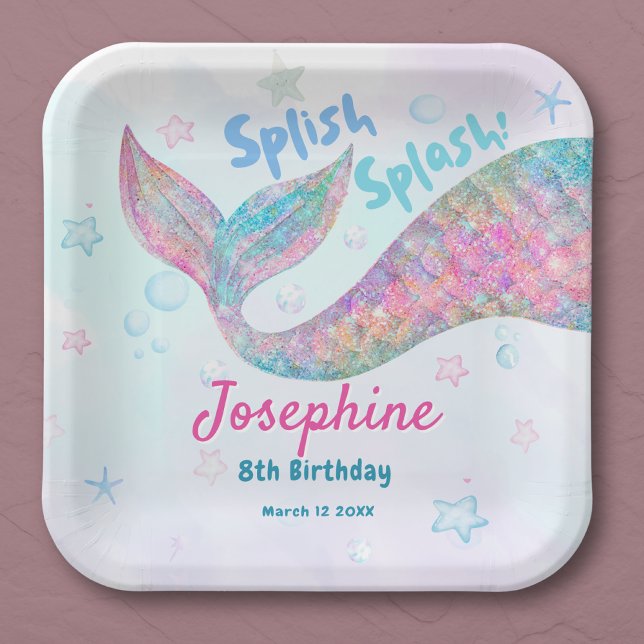 Colorful Mermaid watercolor birthday square Pappteller (Von Creator hochgeladen)