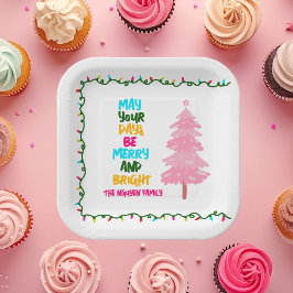 Colorful Merry Bright Pink Christmas Tree Party Pappteller