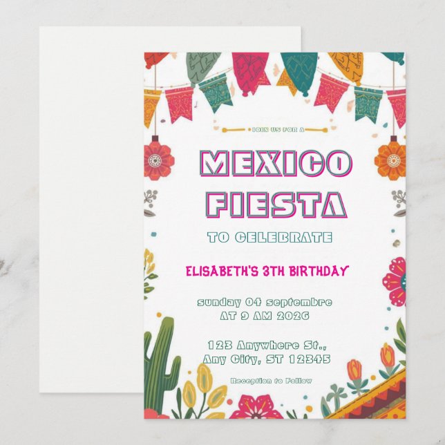 Colorful Mexican Fiesta Birthday  Invitation (Devant / Derrière)