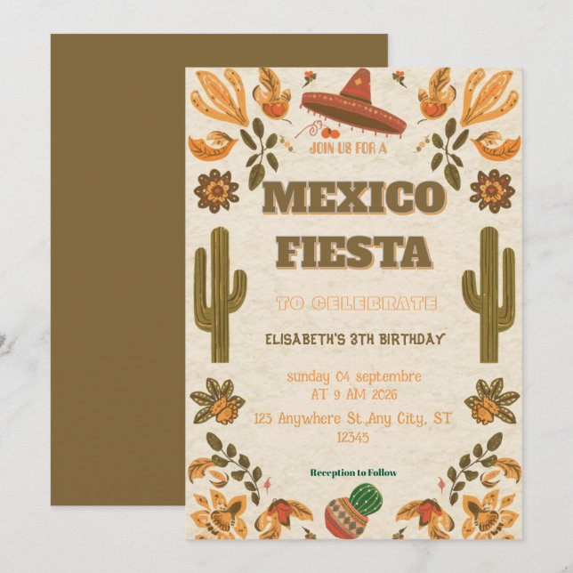 Colorful Mexican Fiesta Birthday  Invitation Einladung (Vorne/Hinten)
