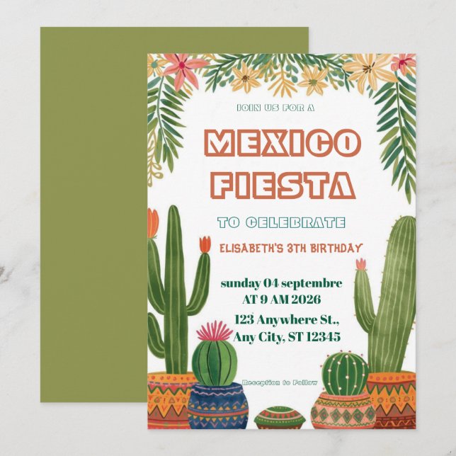 Colorful Mexican Fiesta Birthday  Invitation Einladung (Vorne/Hinten)