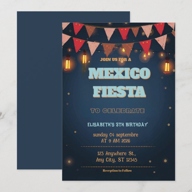 Colorful Mexican Fiesta Birthday  Invitation Einladung (Vorne/Hinten)