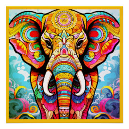 Colorful Mosaic Elephant on a Glossy Wall Poster