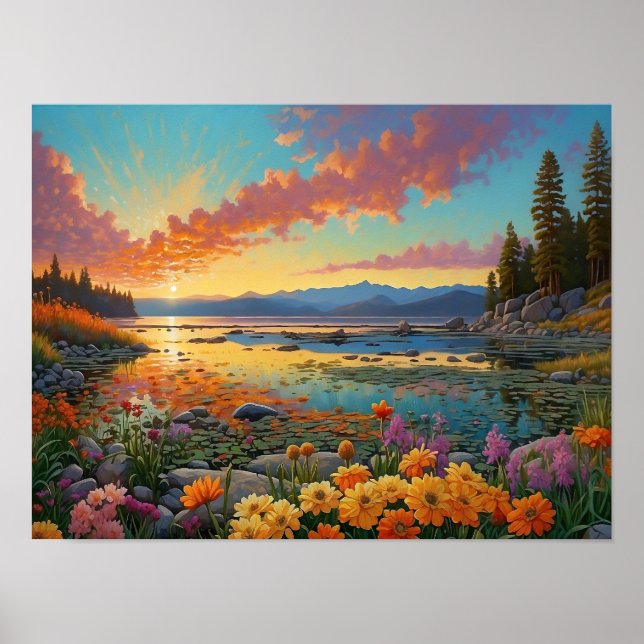 Colorful Mountain Lake Flowers Art Poster (Vorne)