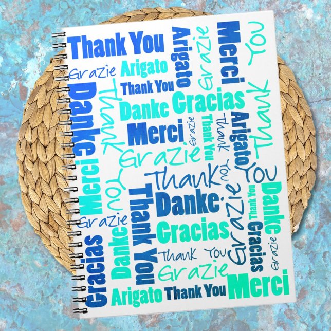 Colorful Multilingua Merci Gratitude Journal (Show your daily gratitude with a multilingual thank you notebook cover in blue and green typography.)