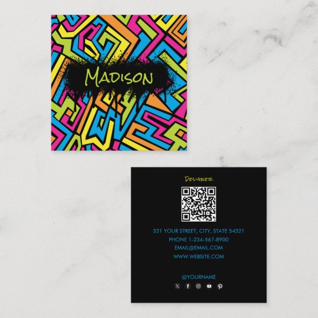 Colorful Neffiti Art QR Code Social Media Quadratische Visitenkarte (Vorne/Hinten)