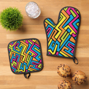 Colorful Neon Graffiti Street Art Pattern Ofenhandschuh & Topflappen-Set