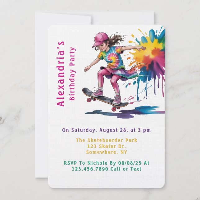 Colorful Painted Girl Skateboarder Birthday Party Einladung (Vorderseite)