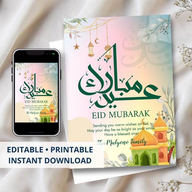 Colorful Pastel Sunset Mosque Eid Mubarak Card Feiertagskarte (Von Creator hochgeladen)