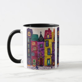 Colorful Patchwork Houses Textile Art Tasse
