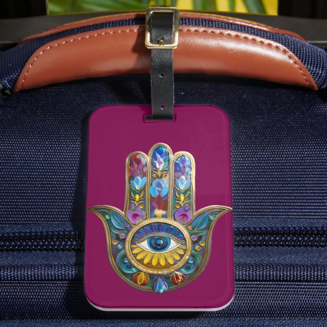 Colorful Petals Leaves Hamsa Sapphire Third Eye Gepäckanhänger (Vorderseite Insitu 2)