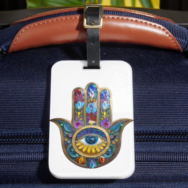 Colorful Petals Leaves Hamsa Sapphire Third Eye Gepäckanhänger (Vorderseite Insitu 2)