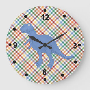 Colorful Plaid & Dinosaur Kid's Clock Große Wanduhr