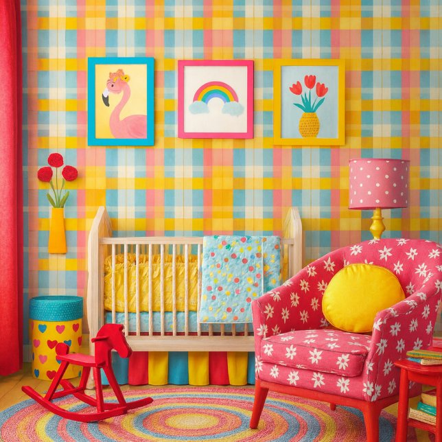 Colorful Plaid Pink Yellow and Blue  Tapete ( Vibrant pastel plaid wallpaper that brightens any nursery with cheerful, playful color. (mockup) )