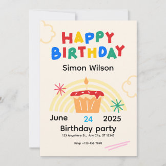 Colorful Playful Illustrated Cupcake Kids Birthday Einladung