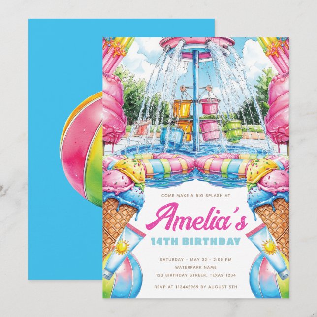 Colorful Pool Party Birthday Waterpark  Einladung (Vorne/Hinten)