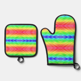 Colorful pot holder and oven mitt set with vibrant