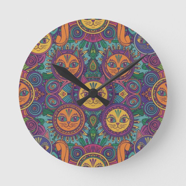 Colorful Psychedelic Cat Wall Clock Runde Wanduhr (Vorderseite)