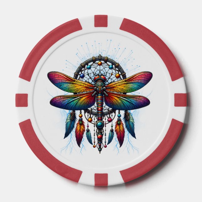 Colorful Psychedelic Dragonfly Dreamcatcher Boho Pokerchips (Vorderseite)