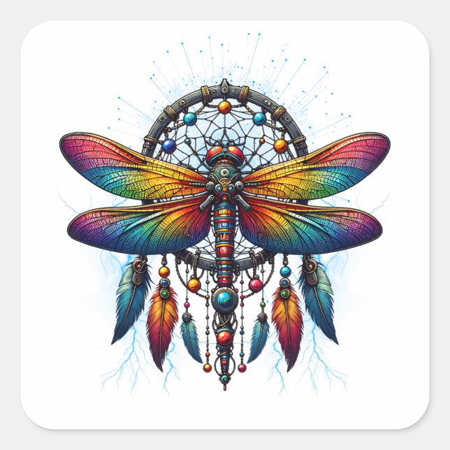 Colorful Psychedelic Dragonfly Dreamcatcher Boho Quadratischer Aufkleber (Vorderseite)