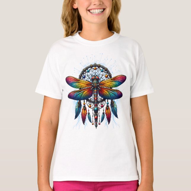 Colorful Psychedelic Dragonfly Dreamcatcher Boho T-Shirt (Vorderseite)