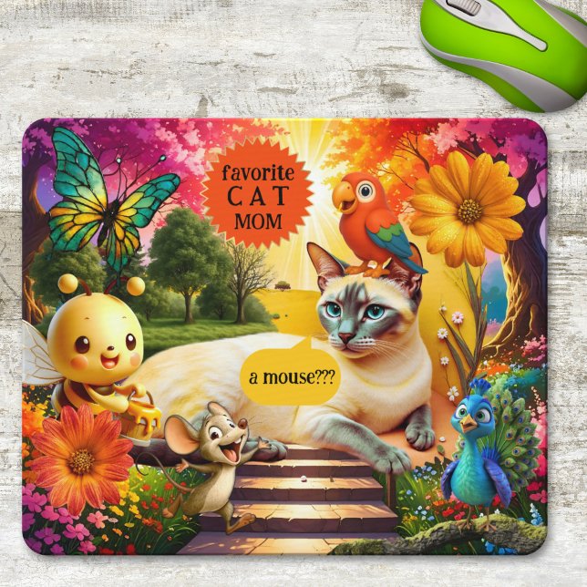 Colorful Psychedelic Funny Cat and Mouse Mousepad (Mouse pad featuring a funny psychedelic design featuring a cat surrounded by various animal friends)