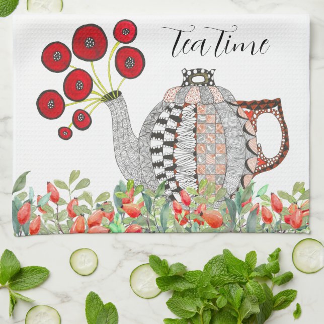 Colorful Red Poppies Tea Time Teapot Küchentuch (Gefaltet)