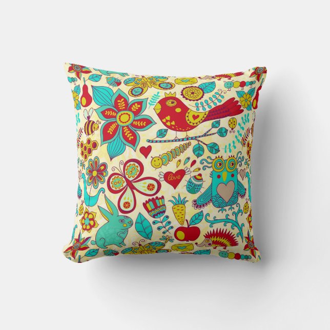 Colorful Retro Birds Flowers & Bunny Rabbits Kissen (Vorderseite)