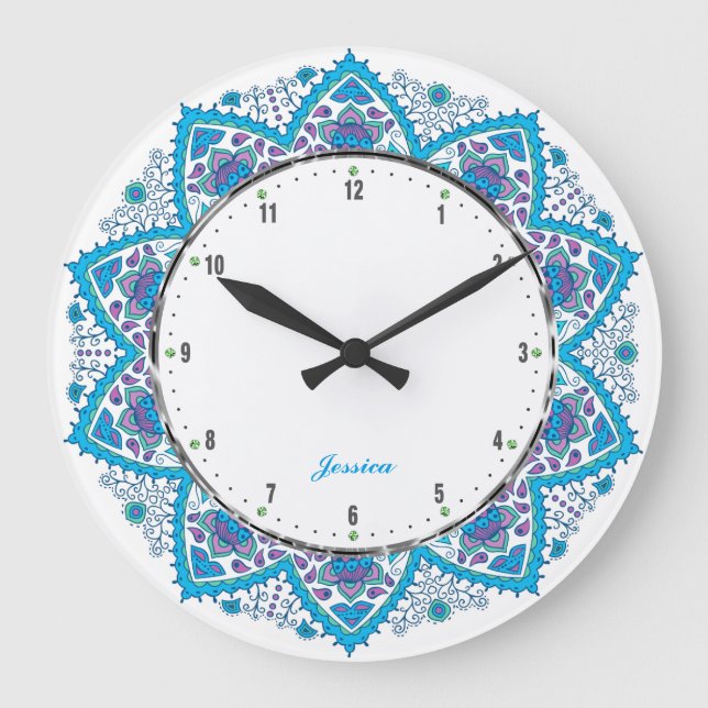 Colorful Retro Flowers Blue Overtones 2 Große Wanduhr (Vorderseite)