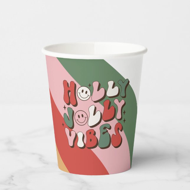 Colorful Retro Groovy Holly Jolly Vibes Weihnachte Pappbecher (Links)