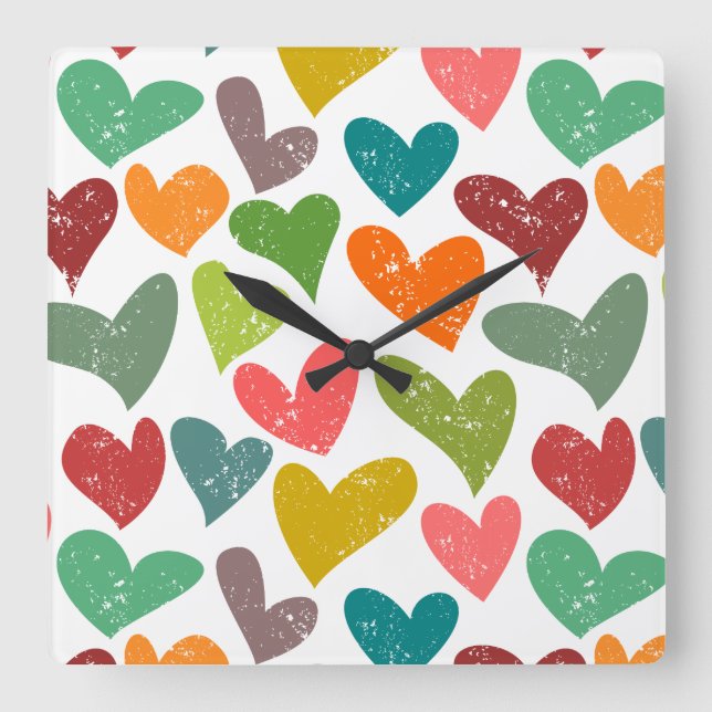 Colorful retro grunge hearts quadratische wanduhr (Vorderseite)