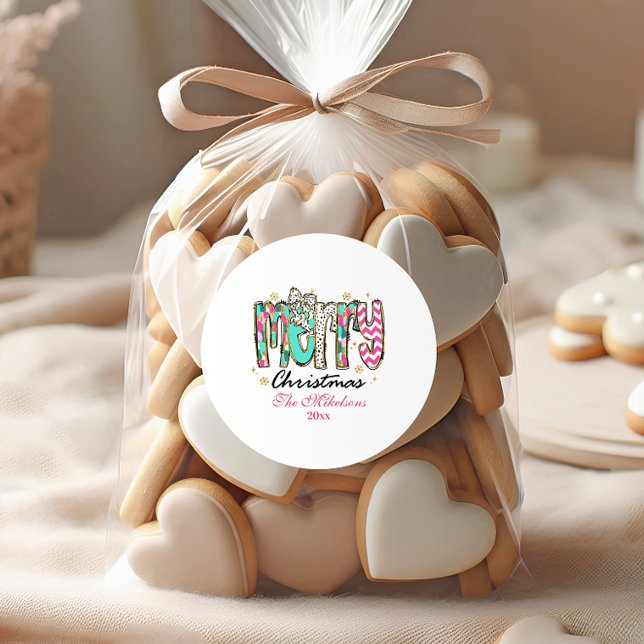 Colorful Retro  Merry Christmas Runder Aufkleber (Von Creator hochgeladen)