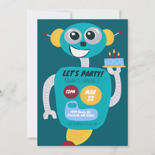 Colorful Robot Boys Second Birthday Invitation Einladung (Vorderseite)