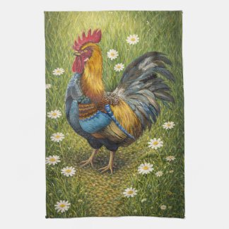 Colorful Rooster in Daisy Meadow Kitchen Towel Geschirrtuch