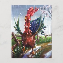 Colorful Rooster in Spring Rain Art Postcard Postkarte