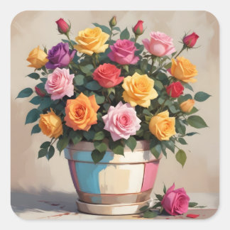 Colorful roses bouquet quadratischer aufkleber