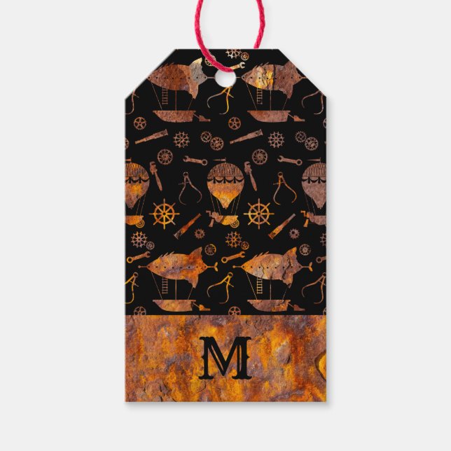 Colorful Rusty Steampunk Airships Monogram Geschenkanhänger (Vorderseite)
