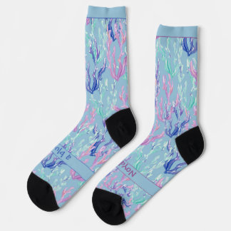 Colorful Seaweed, Text on Blue Socken