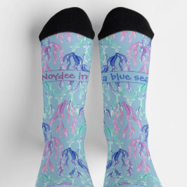 Colorful Seaweed, Text on Blue Socken