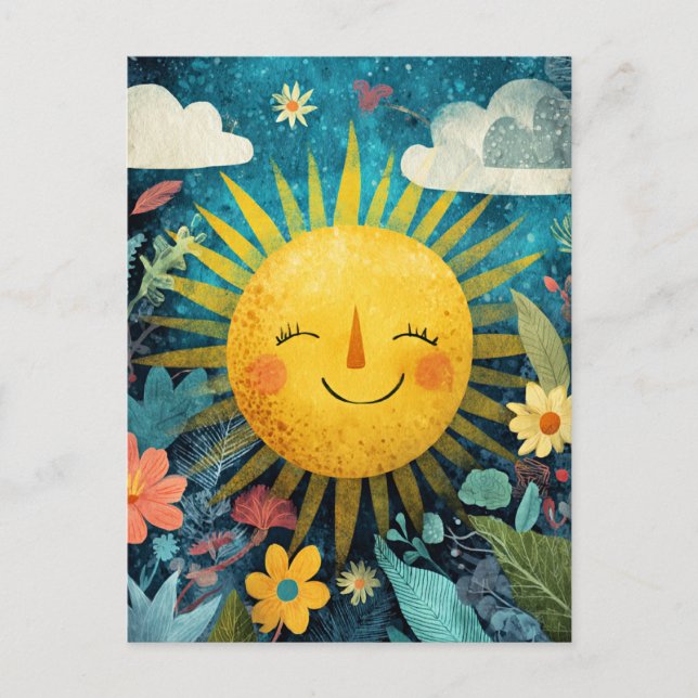 Colorful Smiling Sun Over Pretty Flowers Postkarte (Vorderseite)