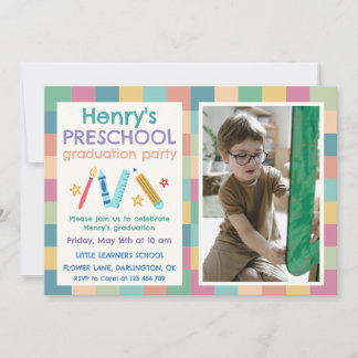 Colorful Squares Photo Preschool Graduation Einladung