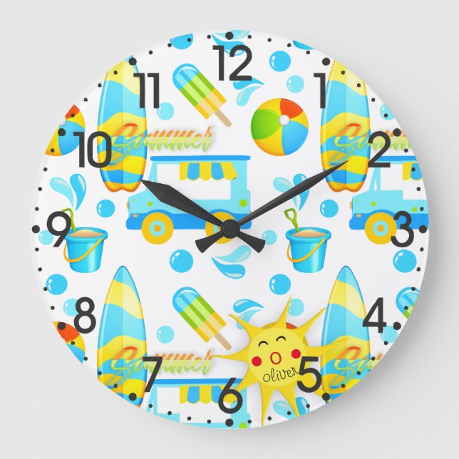 Colorful Summer and Beach Fun Monogrammed Pattern Große Wanduhr (Vorderseite)