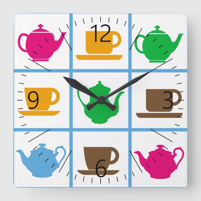 Colorful teapots pattern quadratische wanduhr (Vorderseite)
