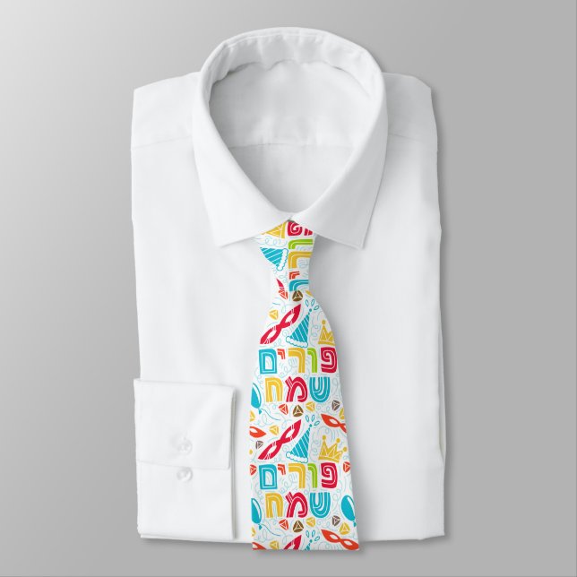 Colorful Tie with Hebrew "Happy Purim" Text Krawatte (Gebunden)