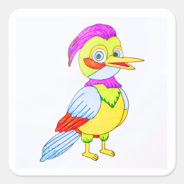 Colorful Toon Bird Quadratischer Aufkleber (Vorderseite)