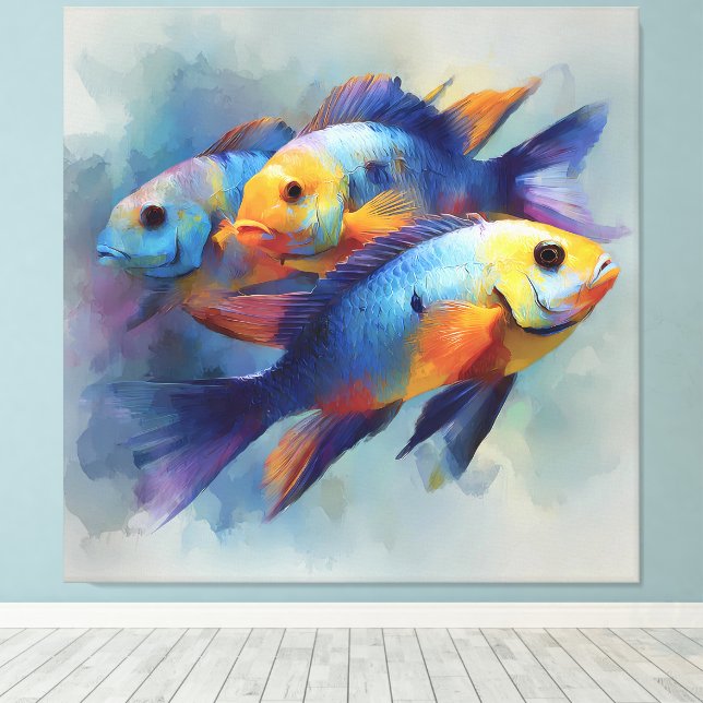 Colorful Tropical Fish Triptych Canvas Wall Art Leinwanddruck (Insitu (Holzboden))