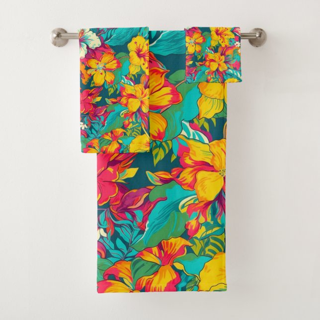 Colorful Tropical Flowers Pattern Badhandtuch Set (Insitu)