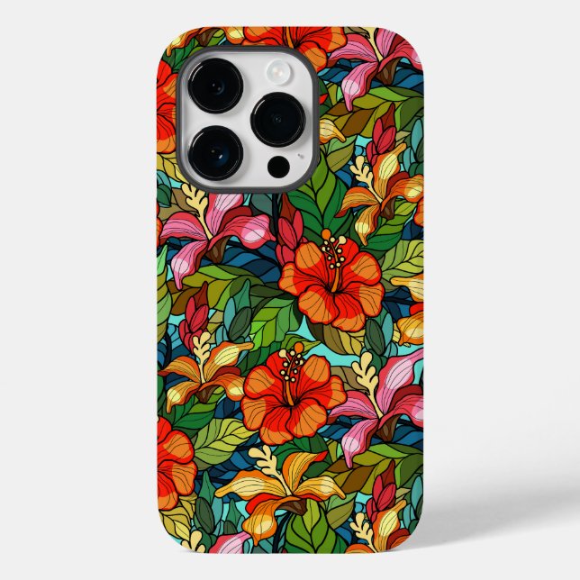 Colorful tropical flowers pattern, hibiscus Case-Mate iPhone 14 pro hülle (Rückseite)
