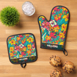 Colorful Tropical Flowers Pattern Ofenhandschuh & Topflappen-Set